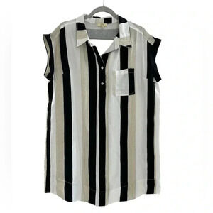 KORI Black & White Striped Short Sleeve Collared Shirt Dress Size Large - EUC